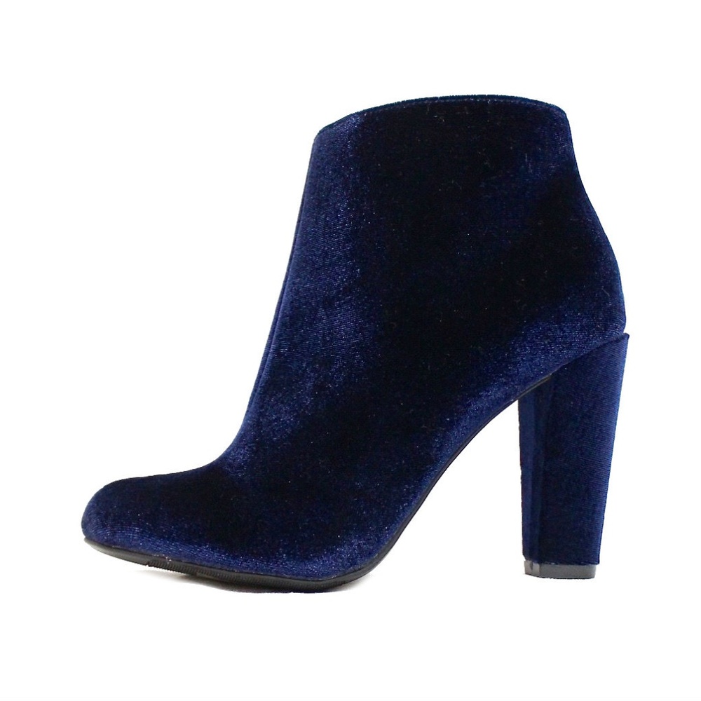 Blue Velvet Round Toe Chunky Dress Heel Bootie